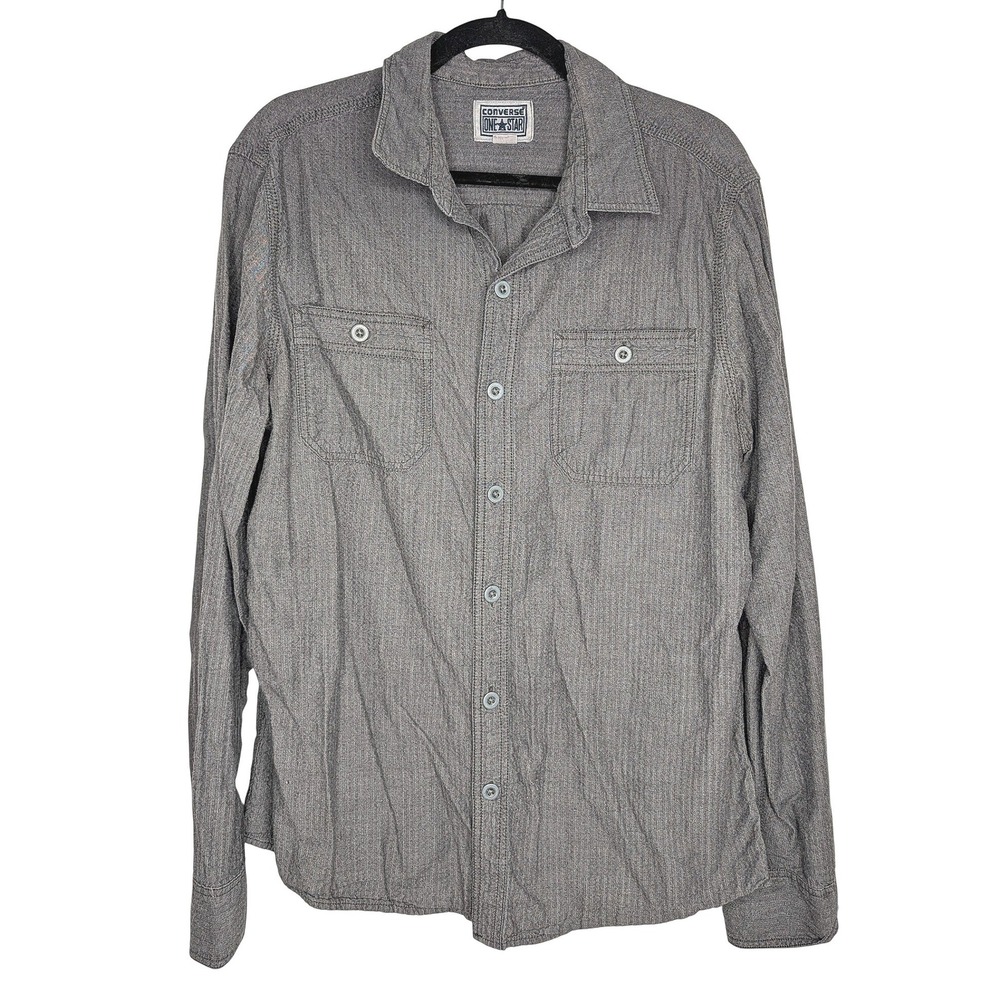 Converse One Star Mens Large Gray Textured Cotton Button Down Shirt Long Sleeve